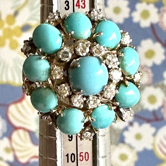 Vintage Diamond Turquoise Cocktail Ring Bombe Style - Picture 8 of 9